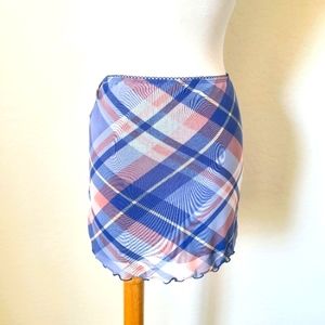 Love & Piece Blue Plaid Stretchy Mini Skirt, Sheer Overlay Size S
